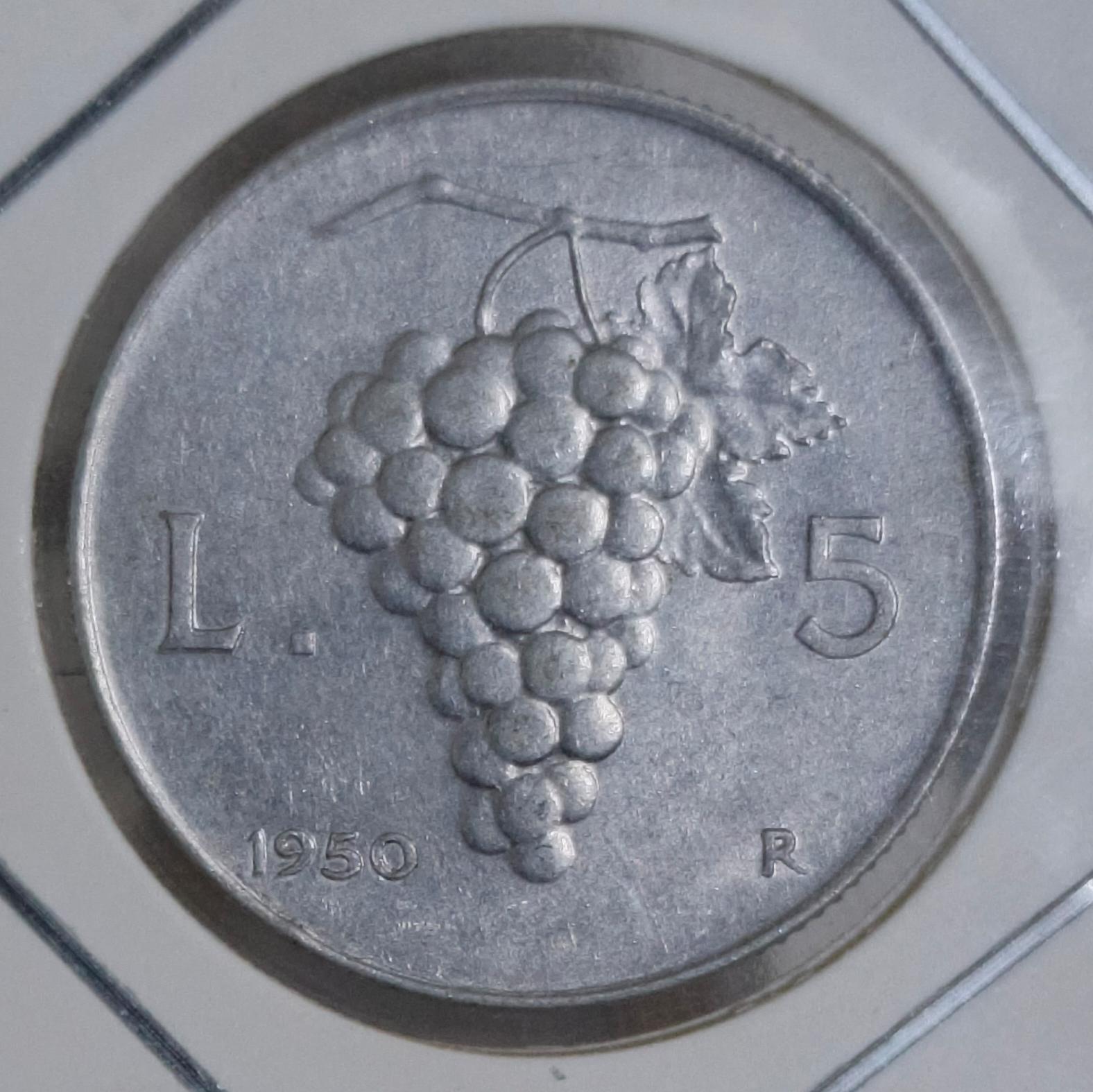 Reverso de 5 liras 1950