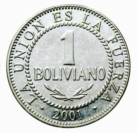 UN BOLIVIANO DEL AÑO 2001 DE LA "REPÚBLICA DE BOLIVIA"